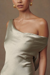 Yvette Slip Uzun Elbise Asimetrik Etek Ucu - Sage