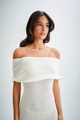 Molly Omuz Açık Örgü Midi Elbise - Fildişi