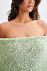 Marisol Omuz Açık Bukle Uzun Elbise - Pastel Yeşil