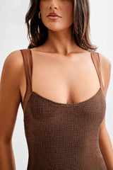 Jasmyn Hot Fix Fileli Sırtlı Uzun Elbise - Çikolata