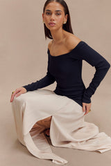 Presley Kontrast Örgü Omuz Açık Uzun Elbise - Lacivert Ve Krem