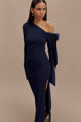 Nicola Tek Omuzlu Krep Uzun Elbise - Koyu Lacivert