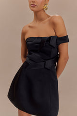 Tatiana Saten Askısız Fiyonklu Mini Elbise - Siyah