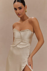 Larissa Saten Uzun Elbise, Büzgülü Yapraklar - Pembe Altın