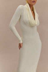 Alessandra Çift Taraflı Örme Uzun Elbise - Fildişi Marle