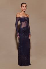 Nash Diamante Omuz Açık Uzun Elbise - Lacivert
