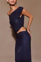 Kenny Diamante Tek Omuzlu Uzun Elbise - Lacivert