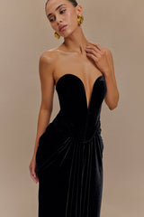 Paige Straplez Kadife Uzun Elbise - Siyah