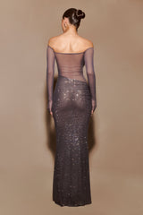 Nash Diamante Omuz Açık Uzun Elbise - Metalik Gri