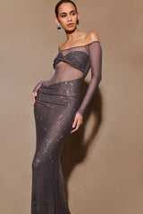 Nash Diamante Omuz Açık Uzun Elbise - Metalik Gri