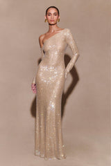 Marcia Diamante Uzun Kollu Maksi Elbise - Ten Rengi