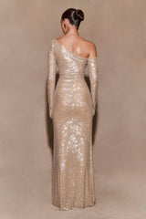 Marcia Diamante Uzun Kollu Maksi Elbise - Ten Rengi