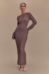 Magenta Tek Omuzlu Kabarık Örgü Midi Elbise - Pekan