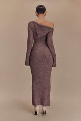 Magenta Tek Omuzlu Kabarık Örgü Midi Elbise - Pekan