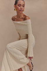 Alonza Uzun Kollu Örme Midi Elbise - Krem