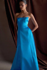 Rosella Saten Askısız Uzun Elbise - Camgöbeği Mavisi