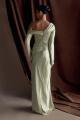 Iris Uzun Kollu Saten Uzun Elbise - Sage