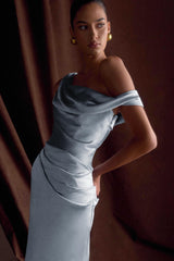 Dalia Omuz Açık Saten Uzun Elbise - Buzlu Mavi