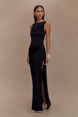 Henley Slinky Drape Maxi Elbise - Siyah