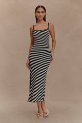 Raven Çizgili Örme Midi Elbise - Siyah/Beyaz