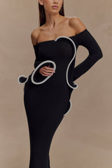 Sandrine Omuz Açık Örme Uzun Elbise - Siyah/Beyaz