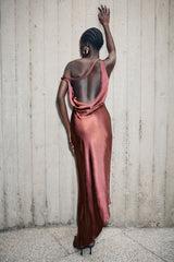 Yvette Slip Uzun Elbise Asimetrik Etek Ucu - Kahverengi Kiraz