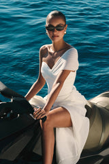 Tamara Büzgülü Şifon Midi Elbise - Beyaz