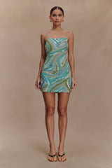 Eloise El Boncuklu Mini Elbise - Mavi Girdap Desenli