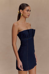 Raesha Fırfırlı Kot Mini Elbise - Çivit Mavisi