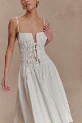 Elias Büzgülü Pamuklu Midi Elbise - Beyaz