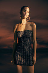 Jeannette Panelli Dantel Mini Elbise - Siyah