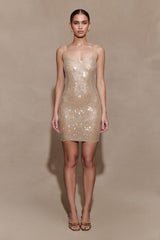 Jasmyn Hot Fix Fileli Sırtlı Mini Elbise - Ten Rengi