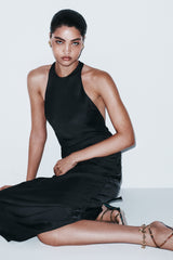 Rinna Saten Askılı Uzun Elbise - Siyah