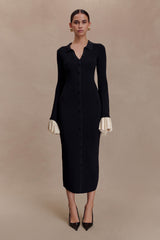 Amirose Volanlı Örgü Midi Elbise - Siyah