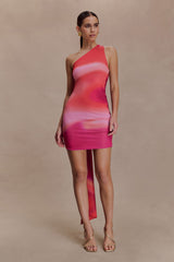 Claudette Slinky Mini Elbise (Donanımlı) - Pembe Gün Batımı Desenli