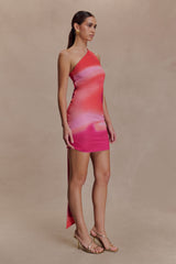 Claudette Slinky Mini Elbise (Donanımlı) - Pembe Gün Batımı Desenli