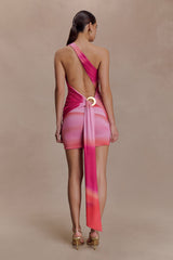 Claudette Slinky Mini Elbise (Donanımlı) - Pembe Gün Batımı Desenli