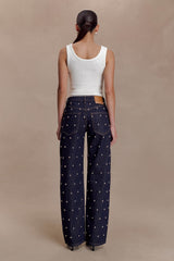 Alima Orta Bel Stud Kot Pantolon - Yıkanmış Çivit Mavisi