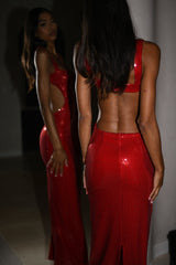 Adoria Payetli Kesim Uzun Elbise - Kırmızı