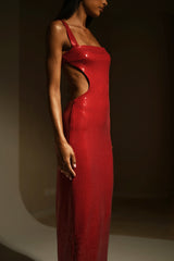 Adoria Payetli Kesim Uzun Elbise - Kırmızı