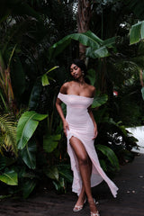 Audrey Omuz Açık File Uzun Elbise - Soluk Pembe