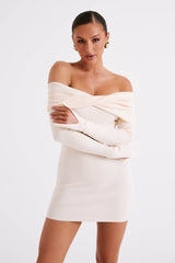 Clover Omuz Açık Örgü Mini Elbise - Krem