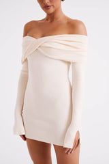 Clover Omuz Açık Örgü Mini Elbise - Krem