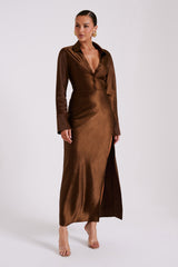 Whitley Saten Yakalı Uzun Elbise - Koyu Kahverengi