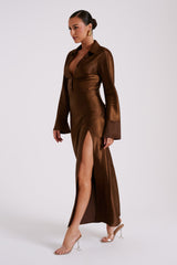 Whitley Saten Yakalı Uzun Elbise - Koyu Kahverengi