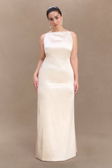 Mor Kolsuz Saten Uzun Elbise - Allık Altın