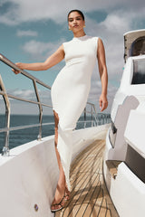 Arden Asimetrik Rib Örgü Uzun Elbise - Fildişi Marle