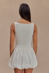 Felicity Büzgülü Balon Pamuklu Mini Elbise - Beyaz