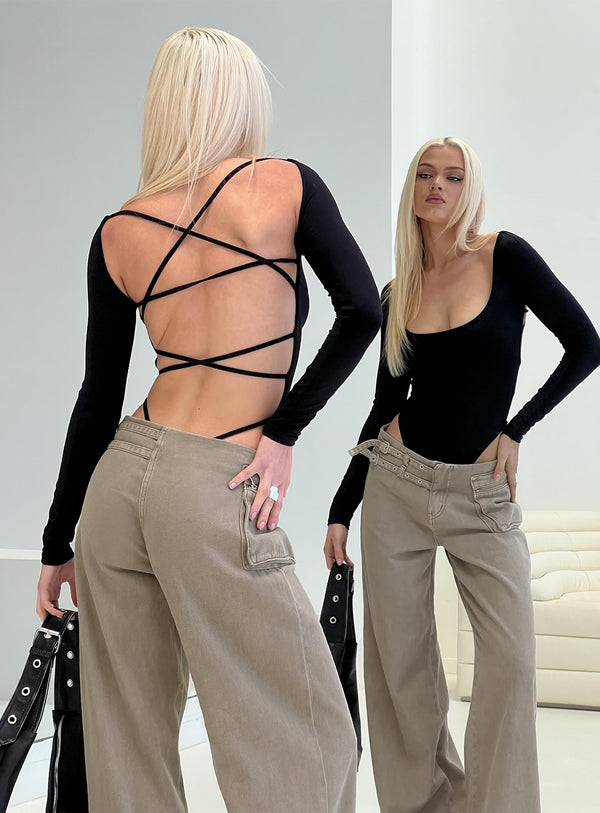 Tamamen Bağlı Uzun Kollu Bodysuit Siyah