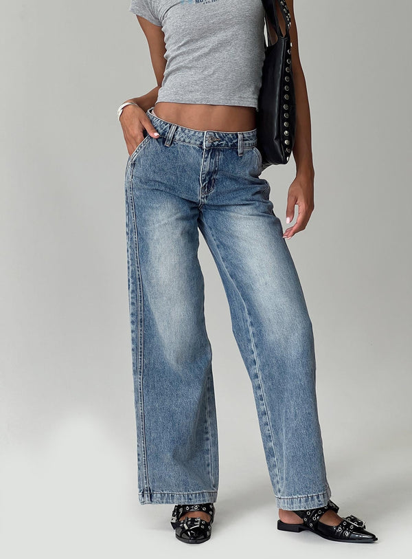 Skipper Düşük Bel Geniş Paça Kot Pantolon Vintage Mavi